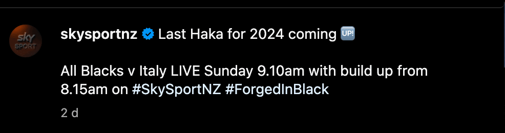 Instagram post by skysportnz promoting the "Last Haka for 2024." Mentions "All Blacks v Italy LIVE Sunday 9:10am with build up from 8:15am" and includes hashtags #SkySportNZ and #ForgedInBlack.